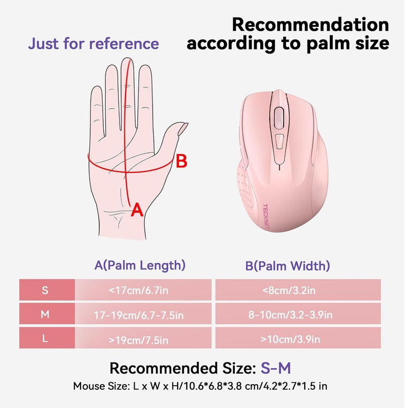 TECKNET Wireless Mouse (BT5.0/3.0 & 2.4G) Rechargeable 4800 DPI Silent USB A & Bluetooth Mouse 6 Buttons, Wide Compatibility - Pink - Image 4